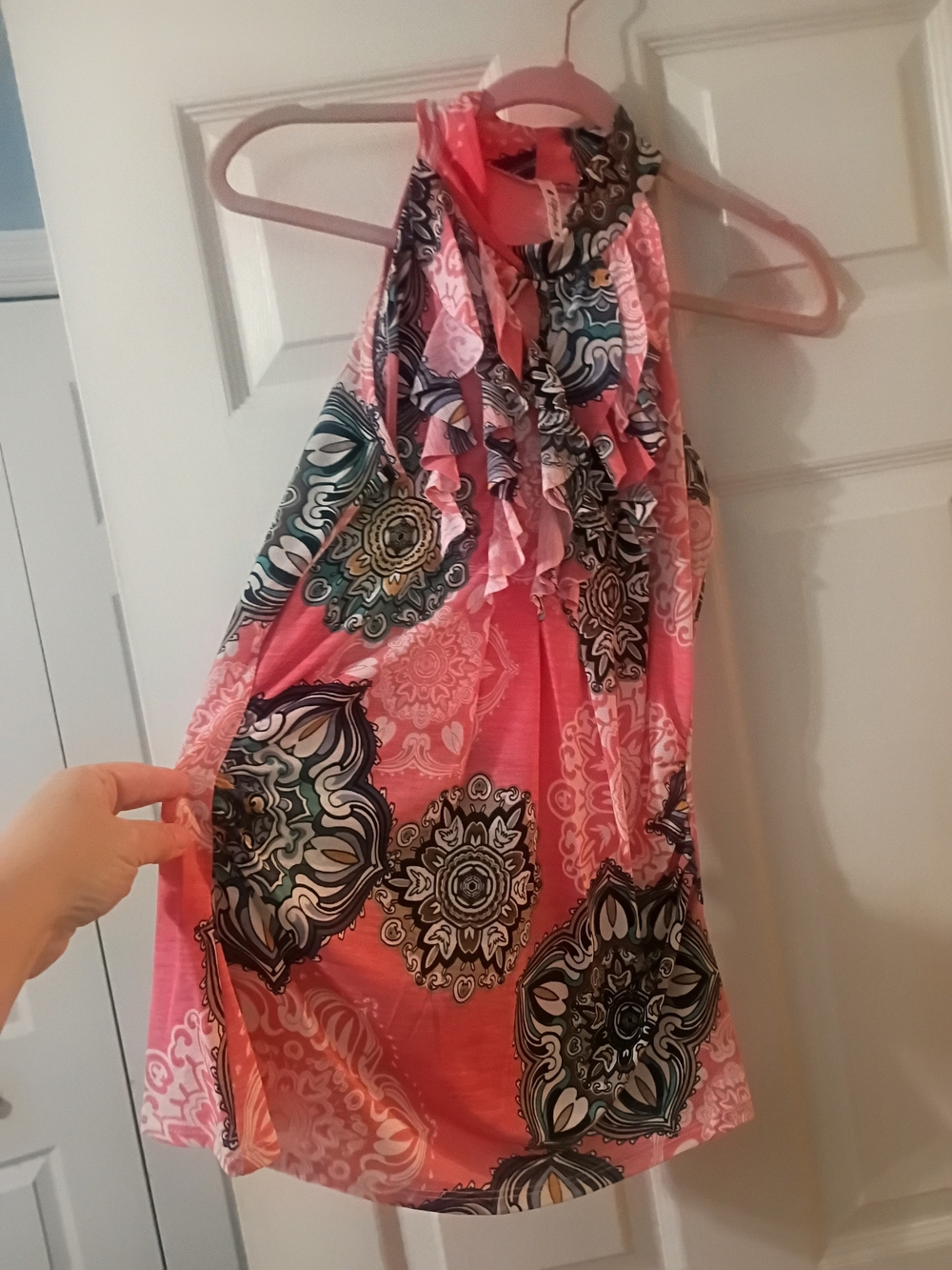 Pink Halter Ruffle Front Printed Tank